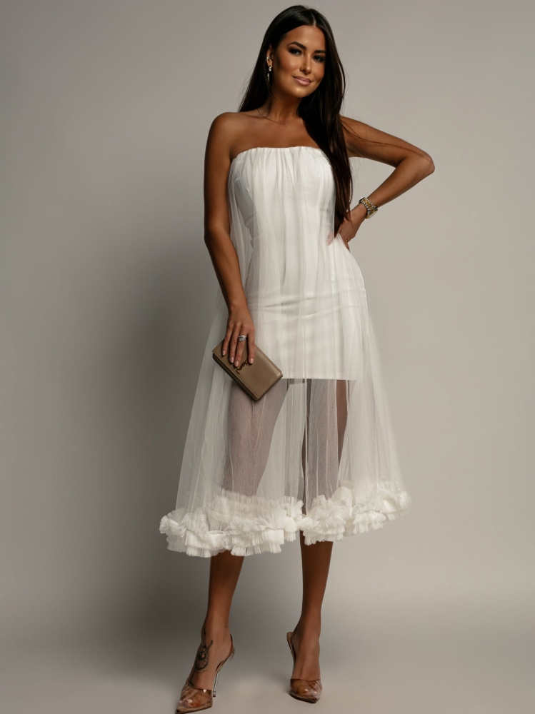 Sukienka midi tiulowa rozkloszowana biała PREMIUM