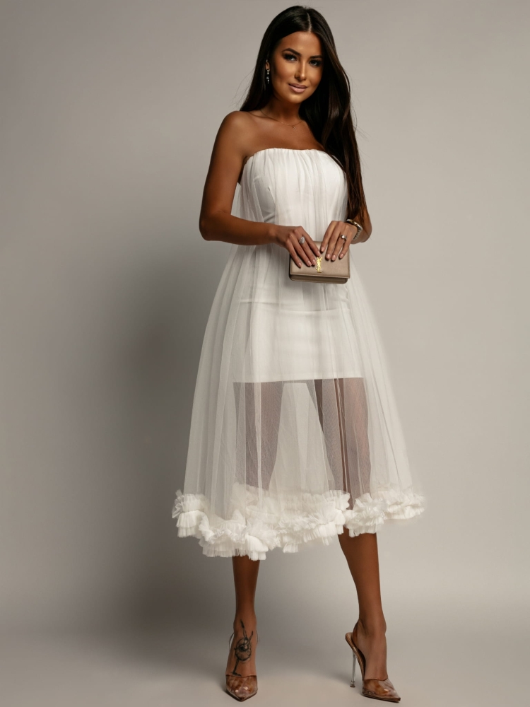 Sukienka midi tiulowa rozkloszowana biała PREMIUM