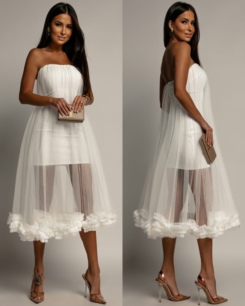 Sukienka midi tiulowa rozkloszowana biała PREMIUM