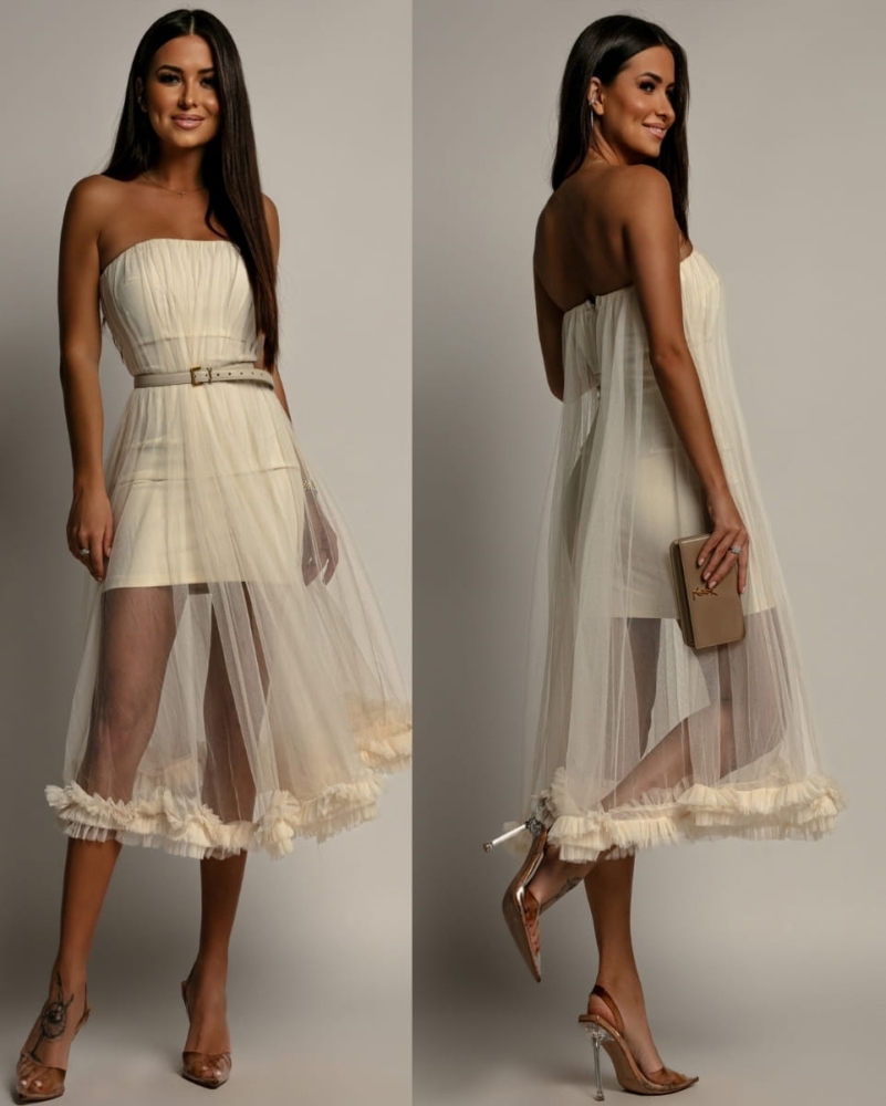 Sukienka midi tiulowa rozkloszowana ecru PREMIUM