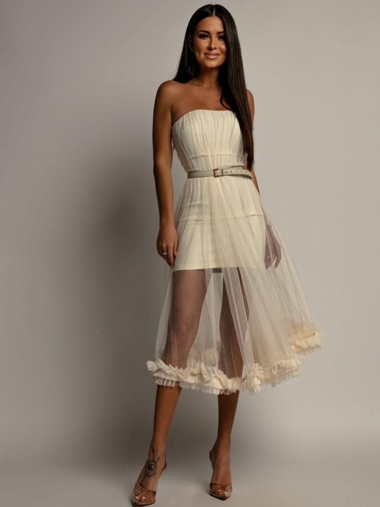 Sukienka midi tiulowa rozkloszowana ecru PREMIUM