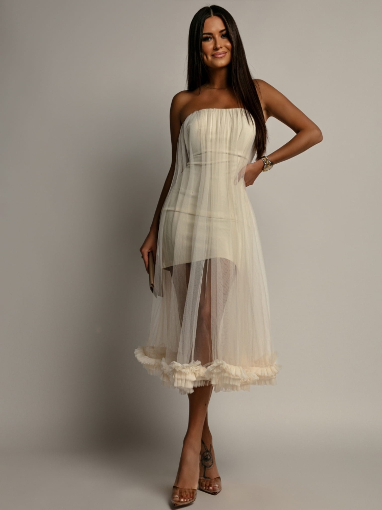 Sukienka midi tiulowa rozkloszowana ecru PREMIUM