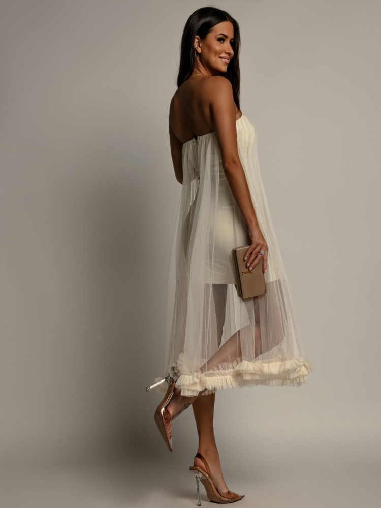 Sukienka midi tiulowa rozkloszowana ecru PREMIUM