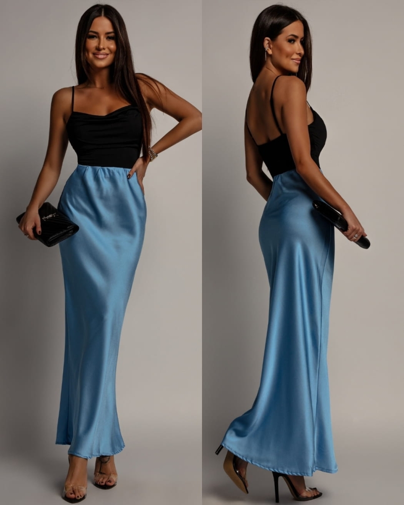 Spódnica midi v2 satynowa niebieska