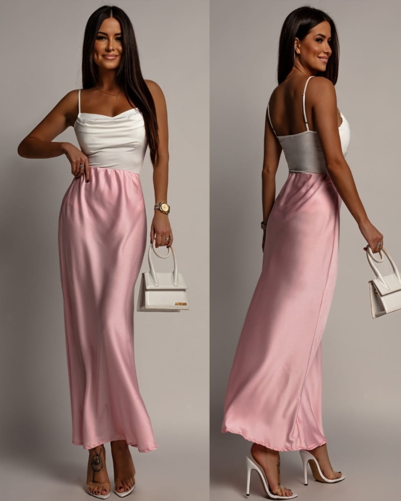 Spódnica midi v2 satynowa pudrowy róż