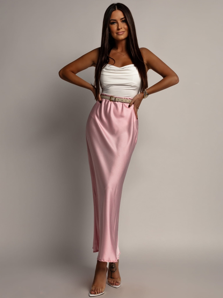 Spódnica midi v2 satynowa pudrowy róż