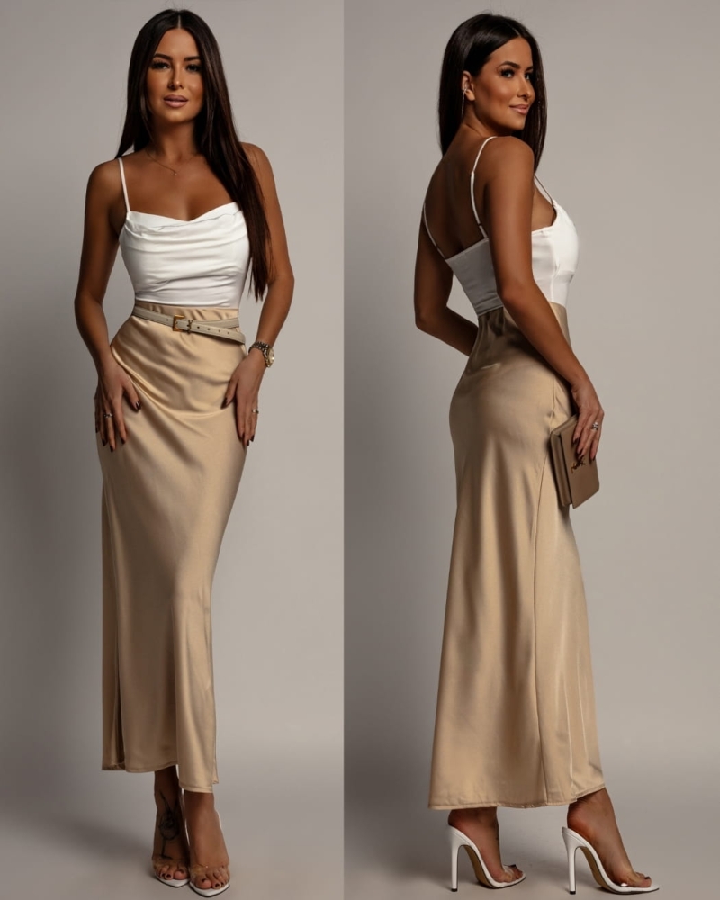 Spódnica midi v2 satynowa beżowa