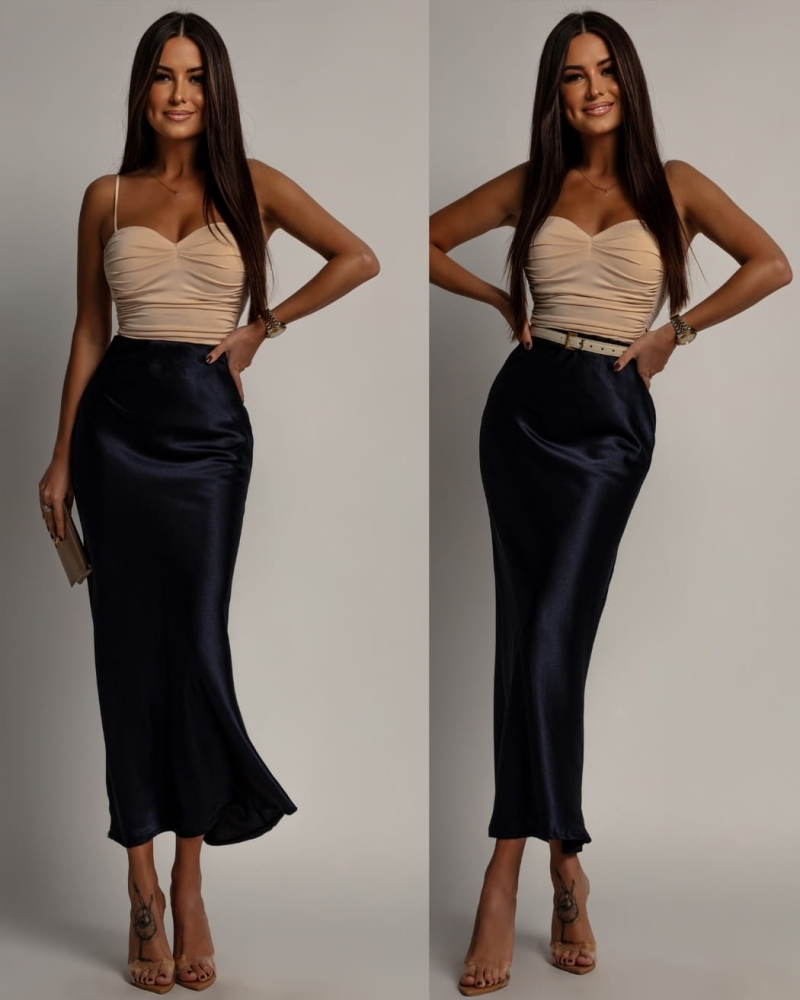 Spódnica midi satynowa granatowa