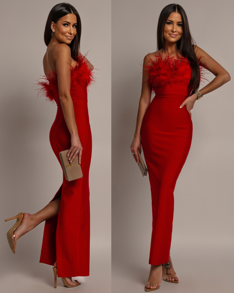 Sukienka długa z piórkami na dekolcie bandażowa PREMIUM czerwona