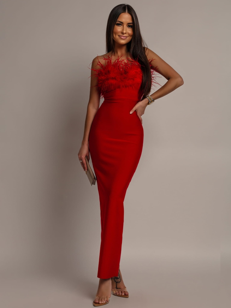 Sukienka długa z piórkami na dekolcie bandażowa PREMIUM czerwona