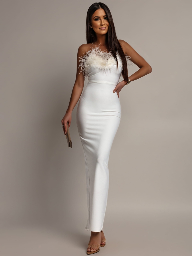 Sukienka długa z piórkami na dekolcie bandażowa PREMIUM biała