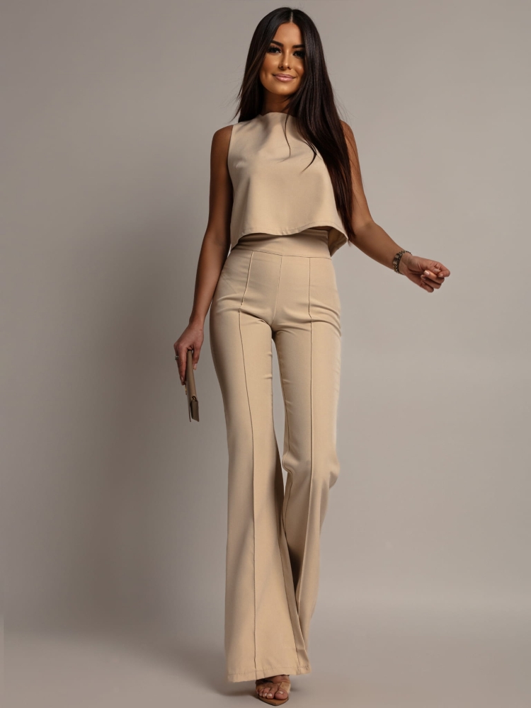 Komplet elegancki 2-częściowy spodnie oraz bluzka beżowy