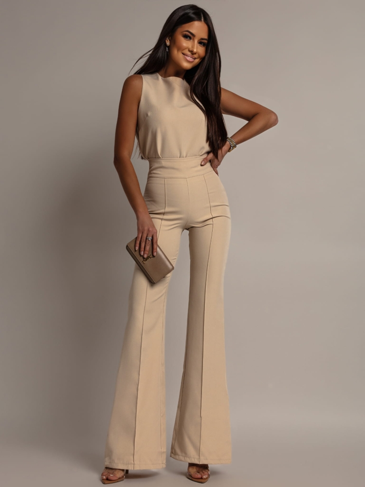 Komplet elegancki 2-częściowy spodnie oraz bluzka beżowy