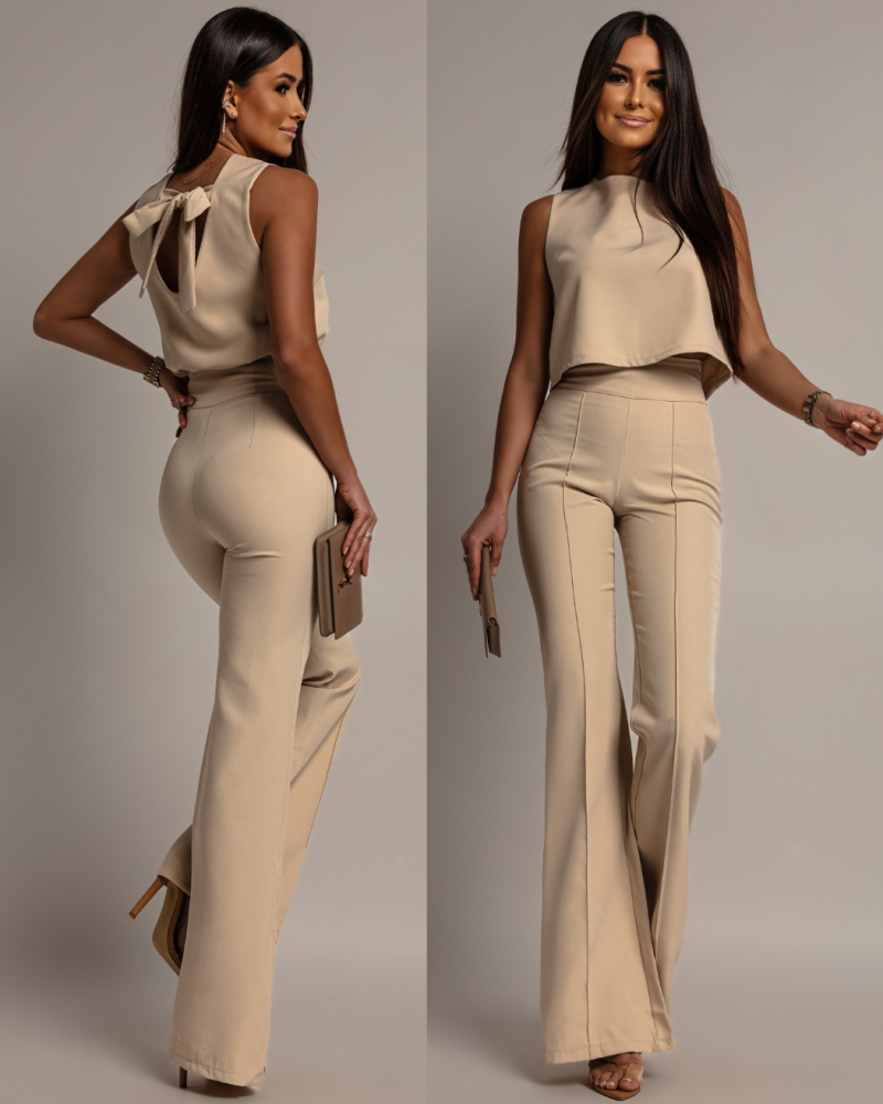 Komplet elegancki 2-częściowy spodnie oraz bluzka beżowy