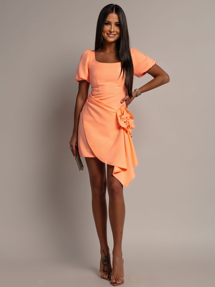 Sukienka z ozdobną różą pomarańczowa PREMIUM Polska produkcja