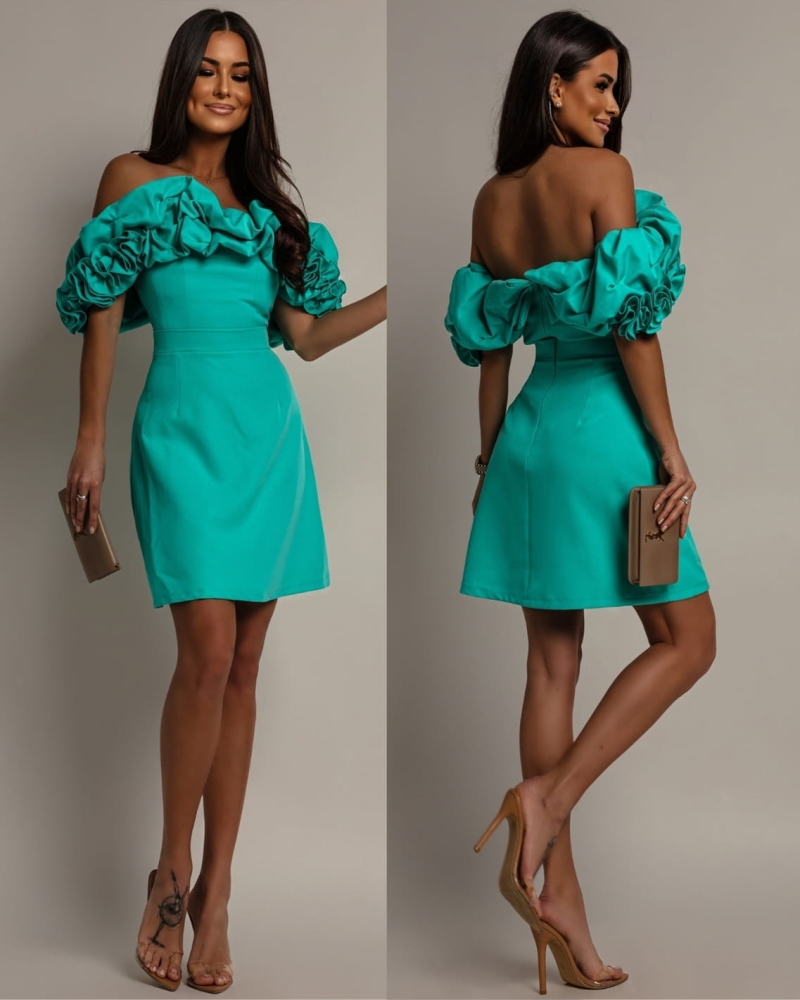 Sukienka hiszpanka mini z doczepianmi ramiączkami turkusowa PREMIUM Polska produkcja