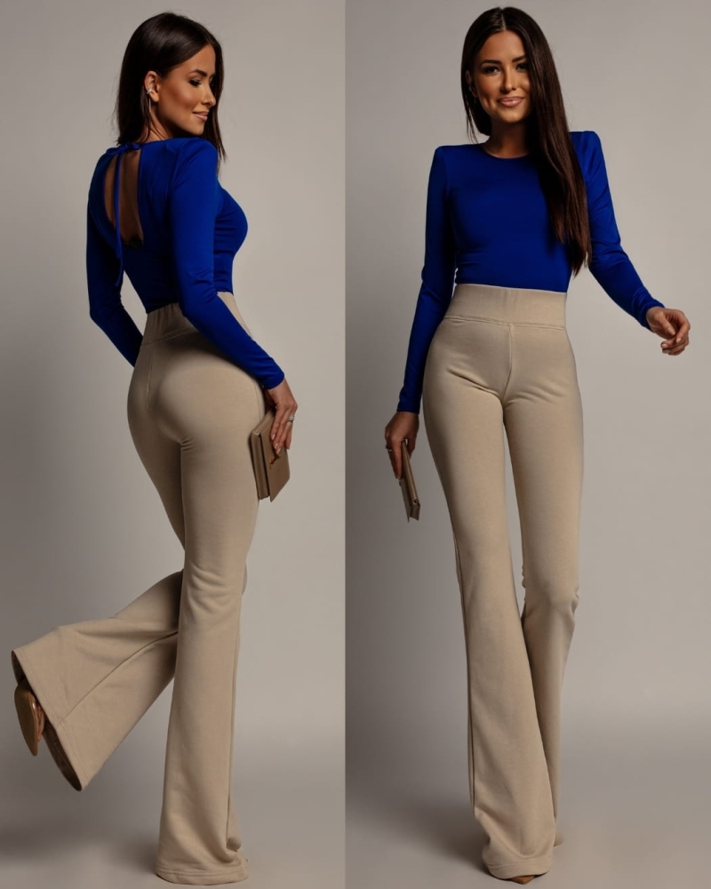 Spodnie dzwony z wysokim stanem jasny beż PREMIUM Polska produkcja