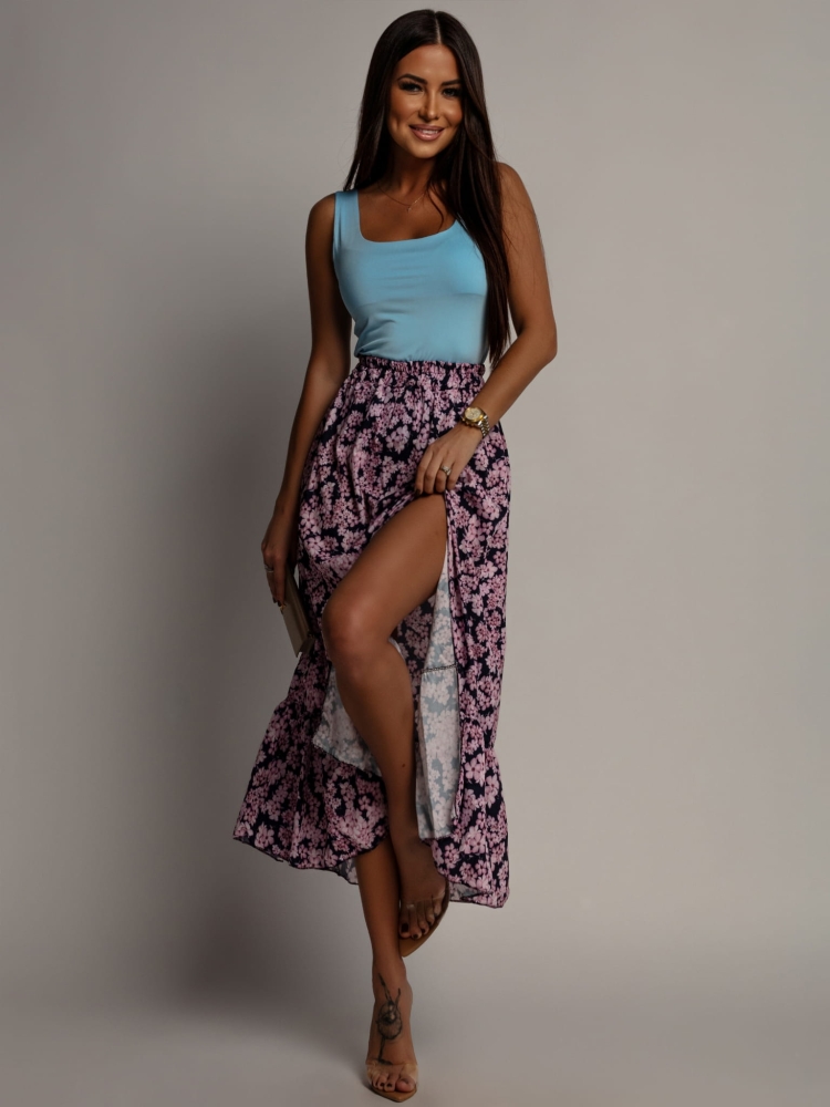 spódnica midi w kwiaty z rozcięciem granatowa