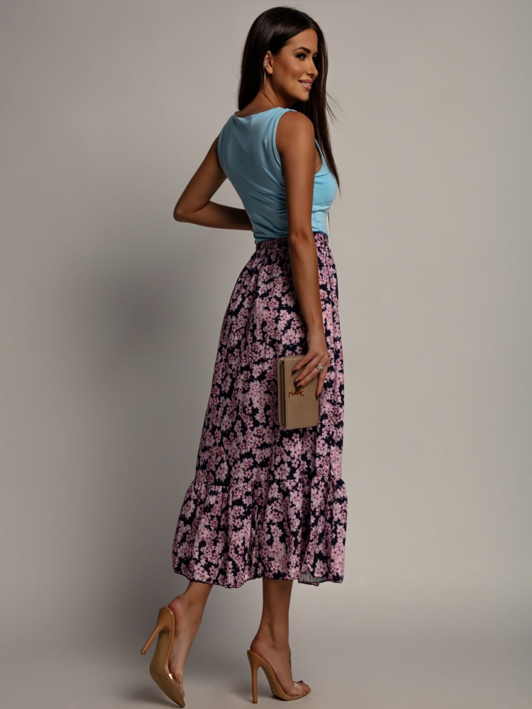 spódnica midi w kwiaty z rozcięciem granatowa