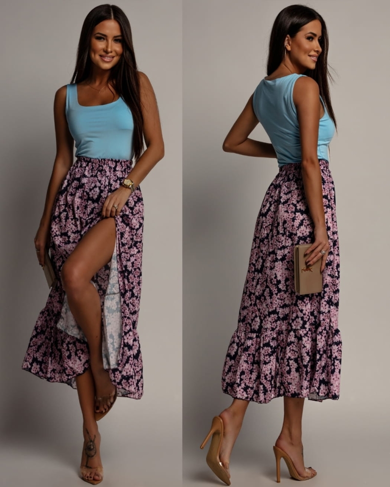 spódnica midi w kwiaty z rozcięciem granatowa