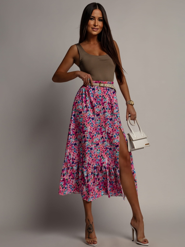 spódnica midi w kwiaty z rozcięciem różowa