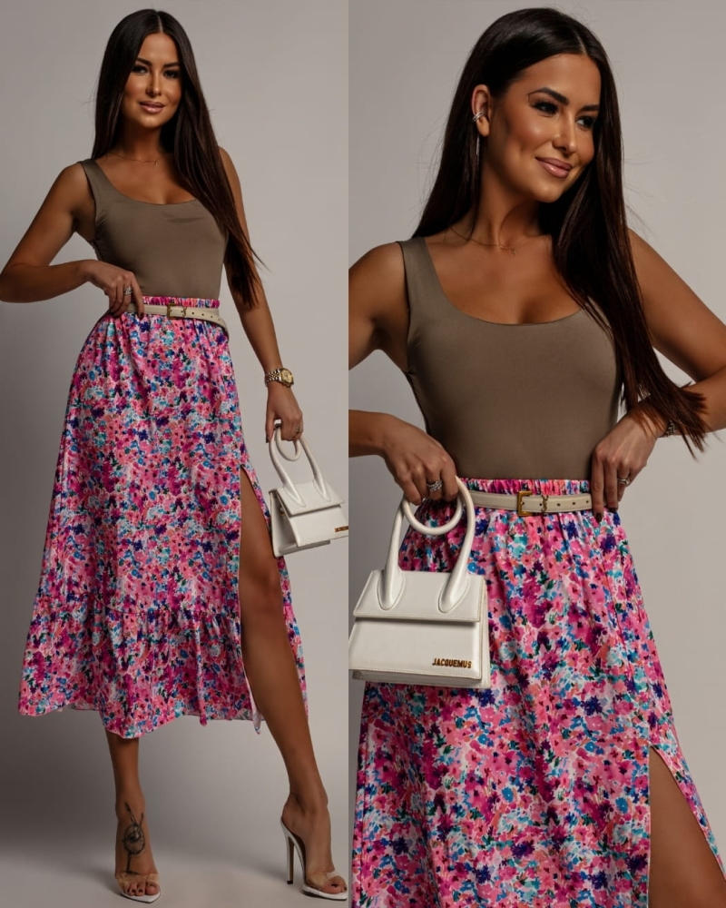 spódnica midi w kwiaty z rozcięciem różowa