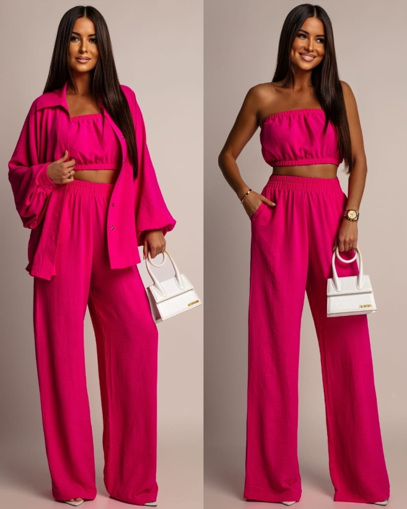 Komplet 3-częściowy koszula z topem oraz długie spodnie fuksja PREMIUM Polska produkcja