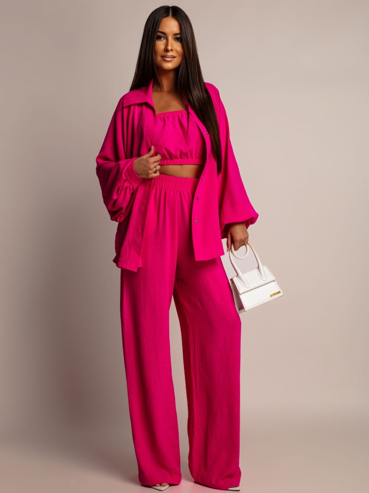 Komplet 3-częściowy koszula z topem oraz długie spodnie fuksja PREMIUM Polska produkcja
