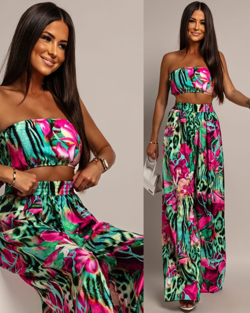 Komplet top oraz długie spodnie print zielono-różowy PREMIUM Polska produkcja