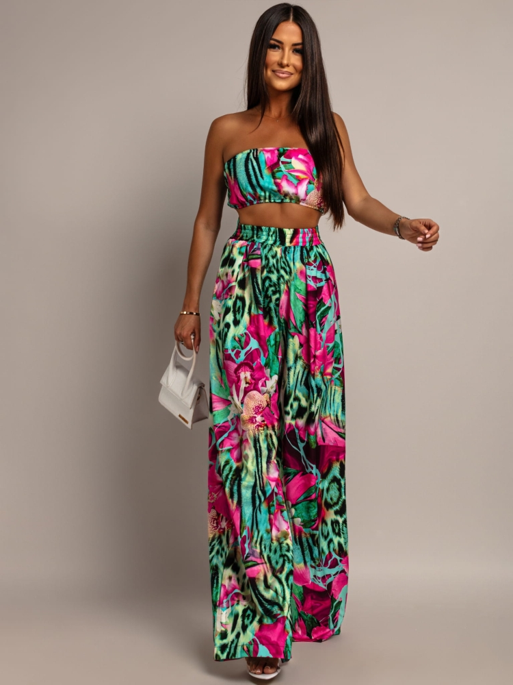 Komplet top oraz długie spodnie print zielono-różowy PREMIUM Polska produkcja