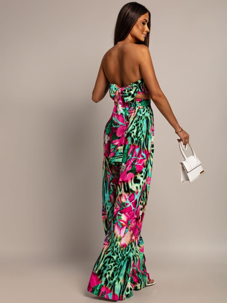 Komplet top oraz długie spodnie print zielono-różowy PREMIUM Polska produkcja