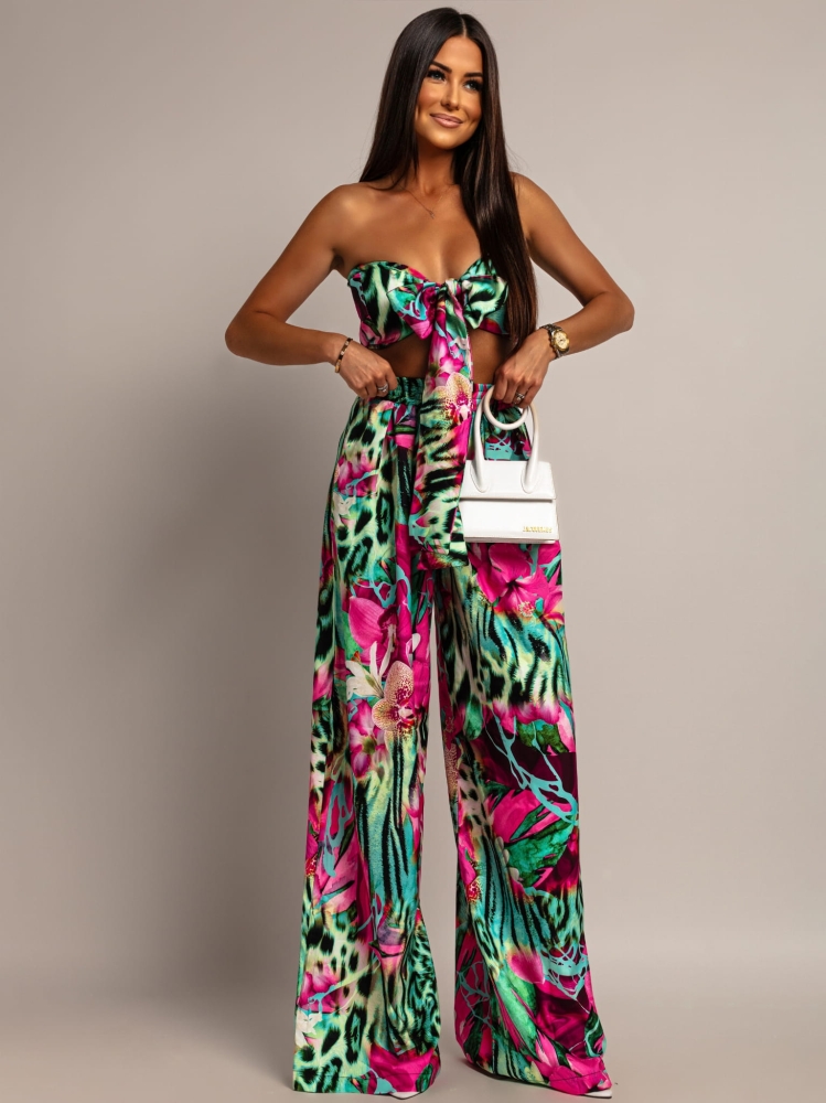 Komplet top oraz długie spodnie print zielono-różowy PREMIUM Polska produkcja