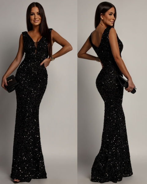 Elegancka sukienka maxi z cekinami na ramiączkach klasyczna czarna PREMIUM