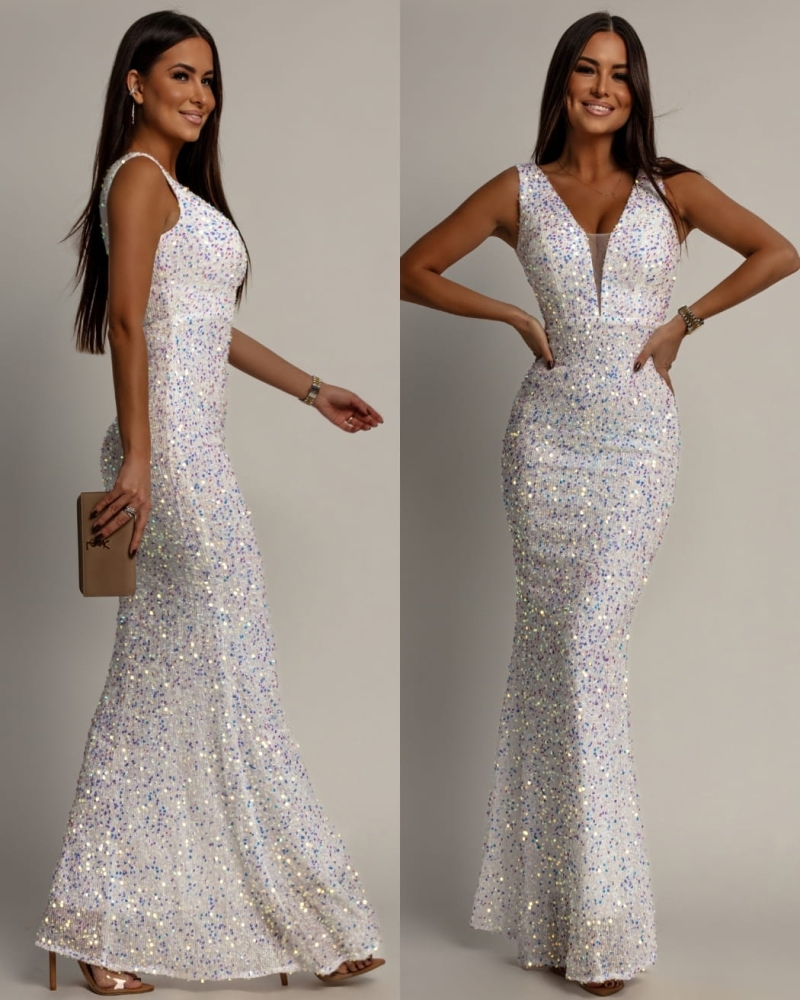 Elegancka sukienka maxi z cekinami na ramiączkach klasyczna biała PREMIUM