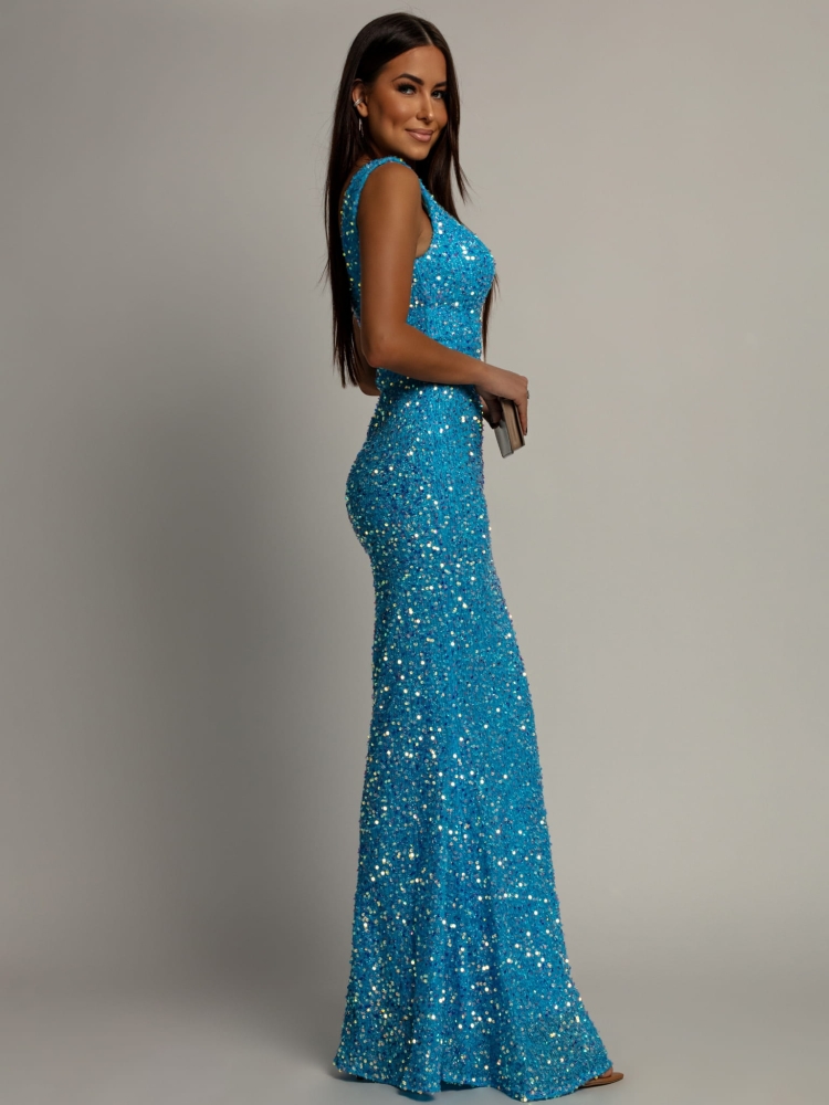 Elegancka sukienka maxi z cekinami na ramiączkach klasyczna niebieska PREMIUM