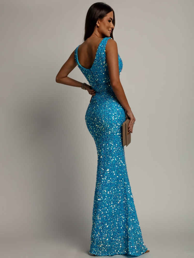 Elegancka sukienka maxi z cekinami na ramiączkach klasyczna niebieska PREMIUM