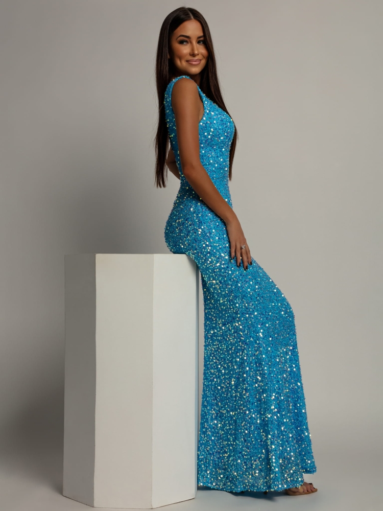 Elegancka sukienka maxi z cekinami na ramiączkach klasyczna niebieska PREMIUM