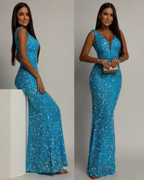 Elegancka sukienka maxi z cekinami na ramiączkach klasyczna niebieska PREMIUM