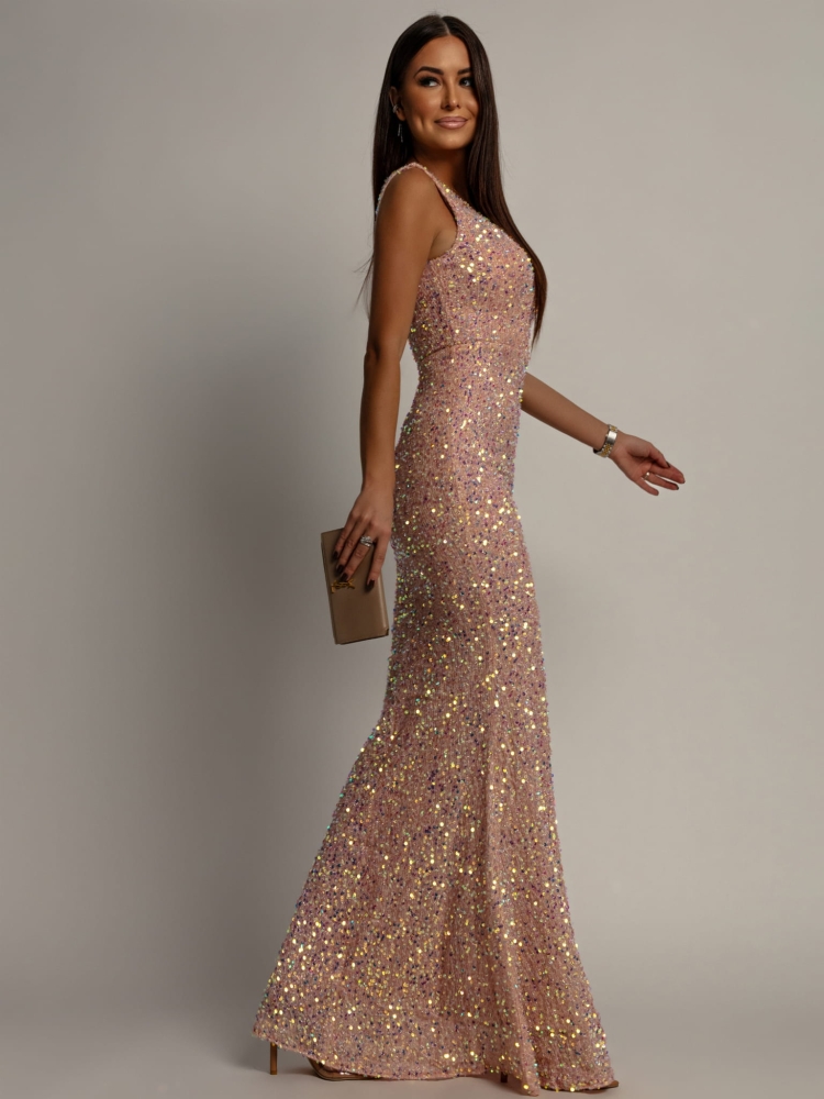 Elegancka sukienka maxi z cekinami na ramiączkach klasyczna pudrowy róż PREMIUM