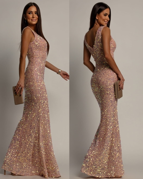 Elegancka sukienka maxi z cekinami na ramiączkach klasyczna pudrowy róż PREMIUM