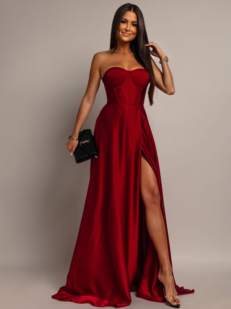 Elegancka sukienka maxi wiązana na plecach satynowa wiśniowa PREMIUM