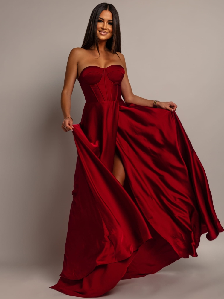 Elegancka sukienka maxi wiązana na plecach satynowa wiśniowa PREMIUM