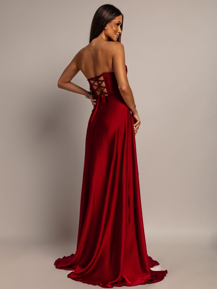 Elegancka sukienka maxi wiązana na plecach satynowa wiśniowa PREMIUM