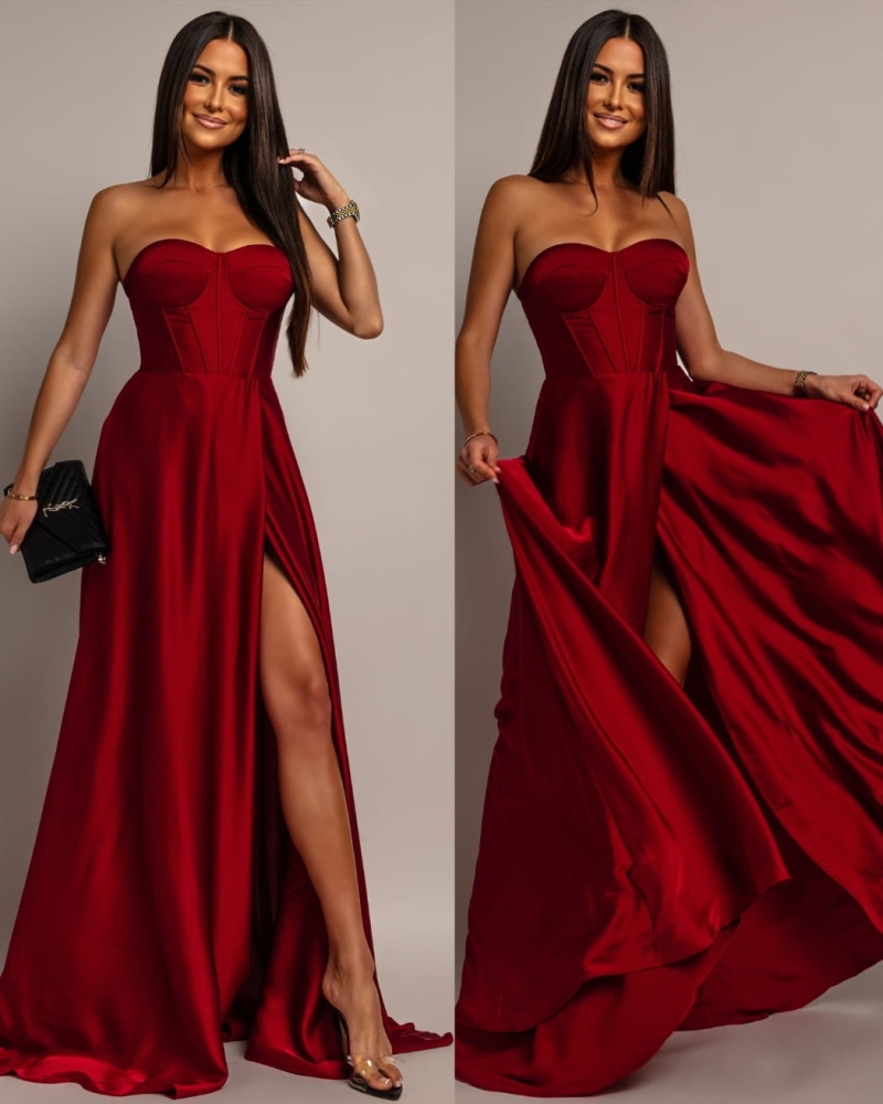 Elegancka sukienka maxi wiązana na plecach satynowa wiśniowa PREMIUM