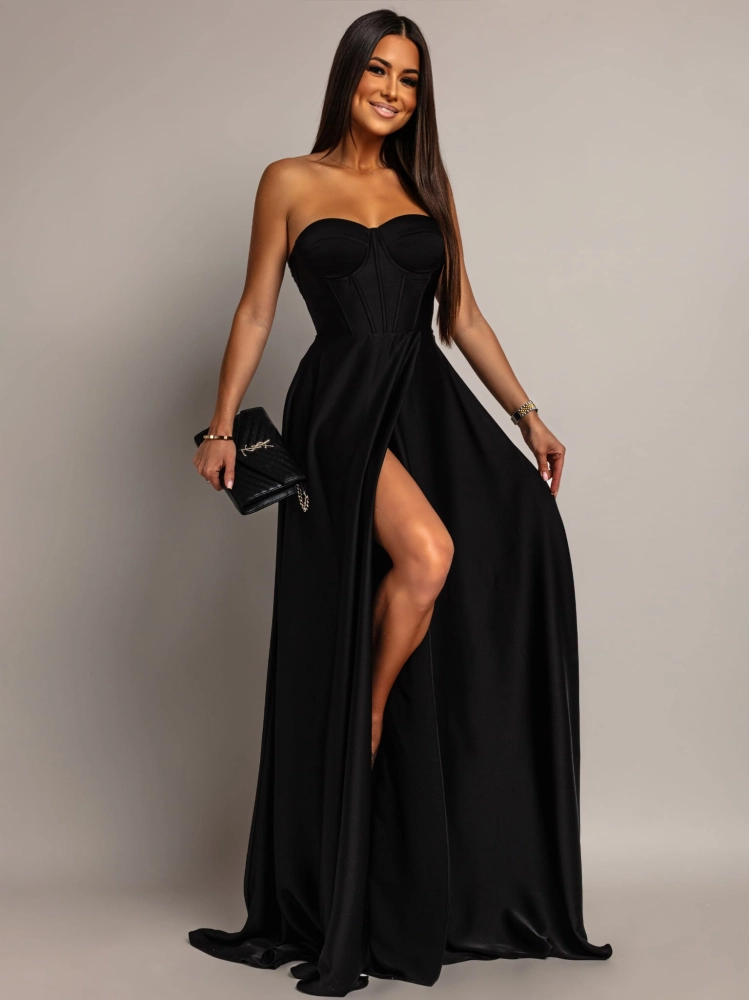 Elegancka sukienka maxi wiązana na plecach satynowa czarna PREMIUM
