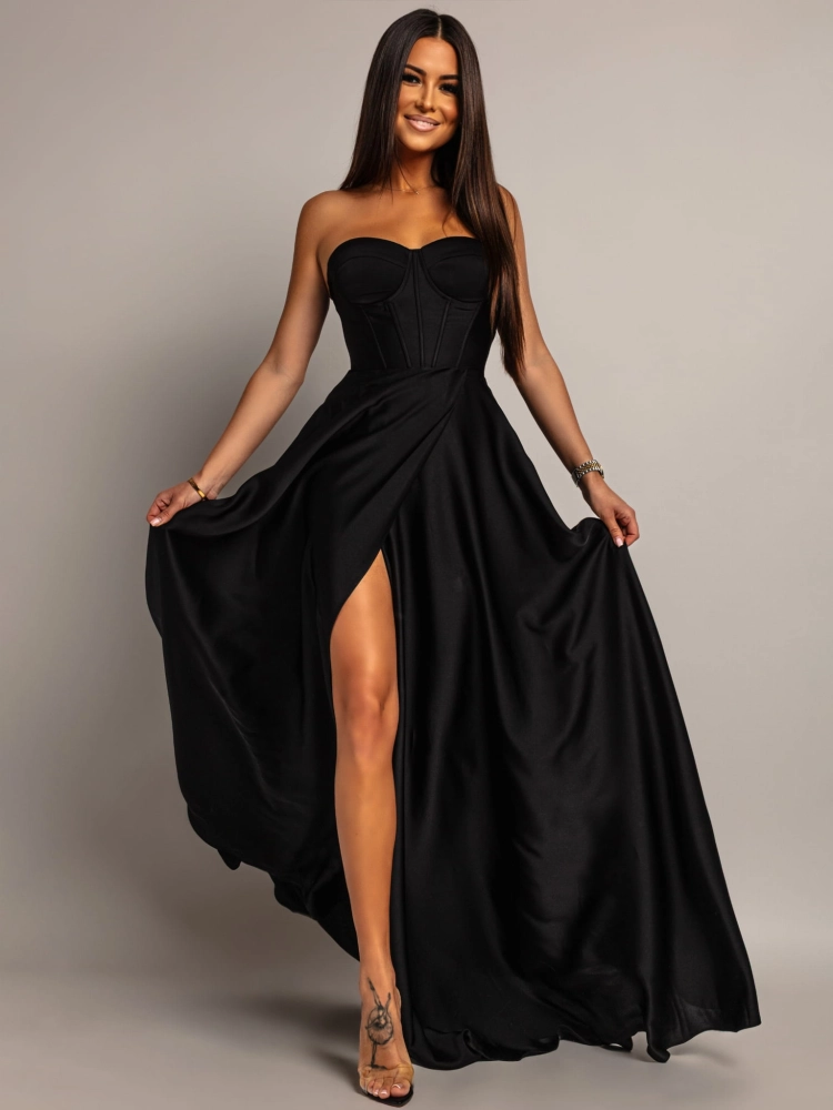 Elegancka sukienka maxi wiązana na plecach satynowa czarna PREMIUM
