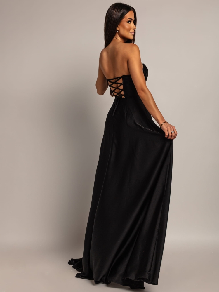 Elegancka sukienka maxi wiązana na plecach satynowa czarna PREMIUM