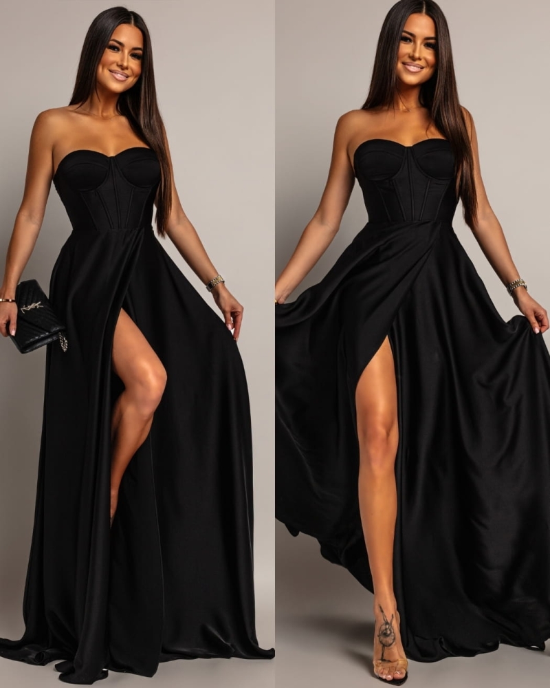 Elegancka sukienka maxi wiązana na plecach satynowa czarna PREMIUM