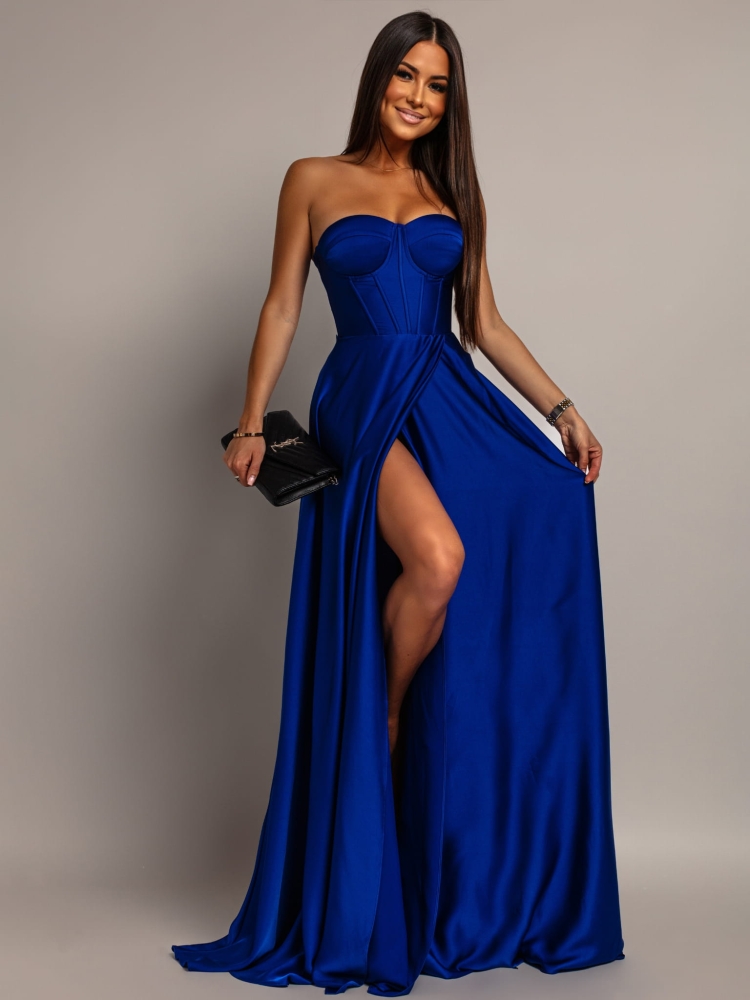 Elegancka sukienka maxi wiązana na plecach satynowa chabrowa PREMIUM