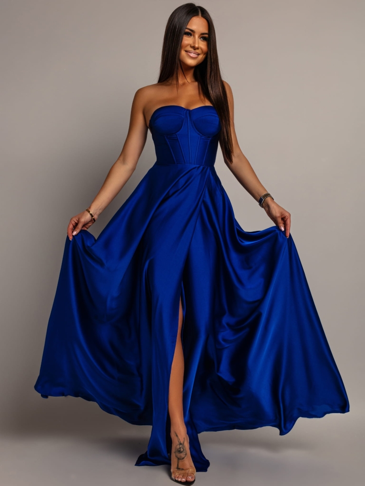 Elegancka sukienka maxi wiązana na plecach satynowa chabrowa PREMIUM